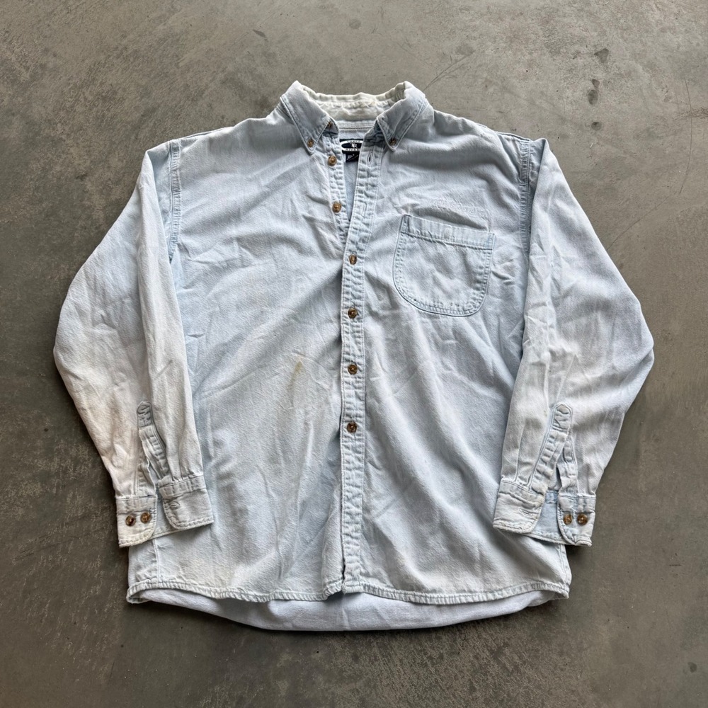 Three Rivers Mens Blue Denim Button Down Shirt L Light Wash Workwear Long Sleeve